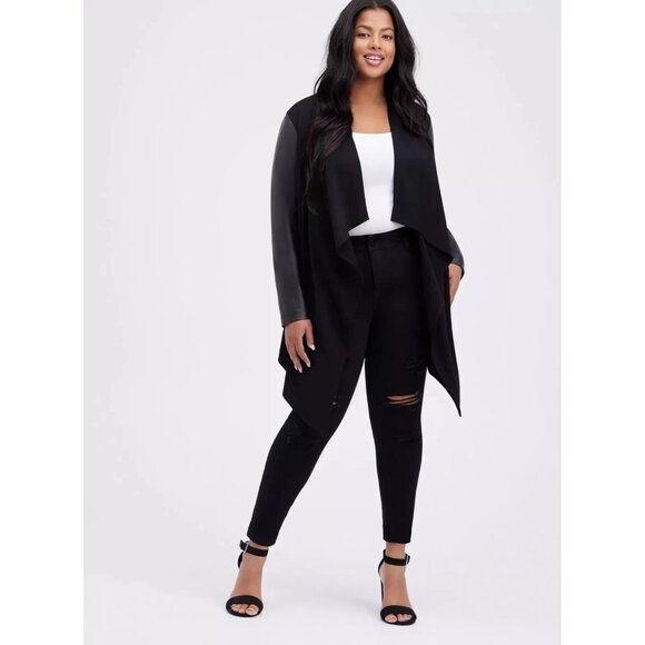 Torrid Black Ponte & Faux Leather Drape Front Kimono 3X 22-24 Rayon womens - Picture 1 of 7